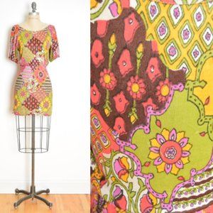 vintage 60s dress psychedelic patchwork print hippie boho mini short dress XS